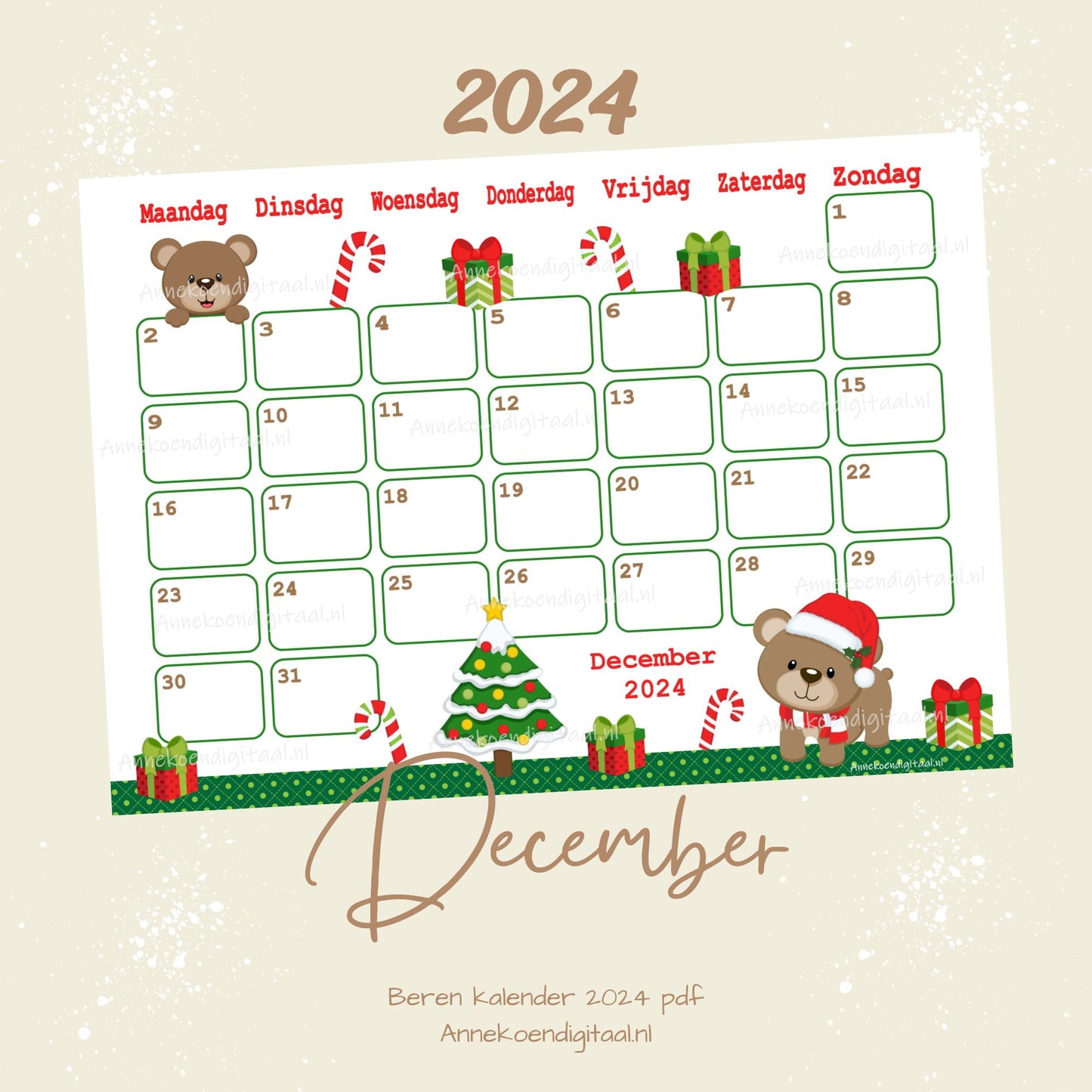 December 2024 maandkalender Kerst Beren