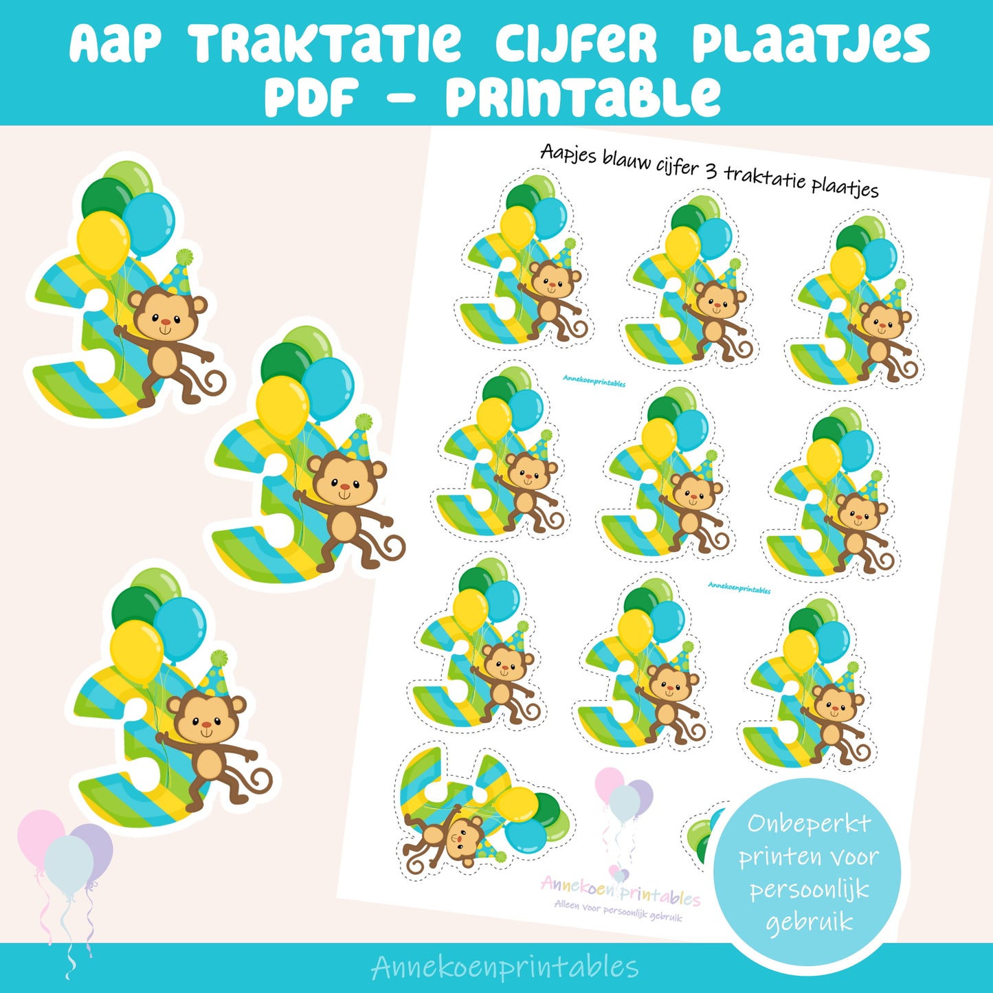 Aap cijfer 3 traktatie plaatjes blauw