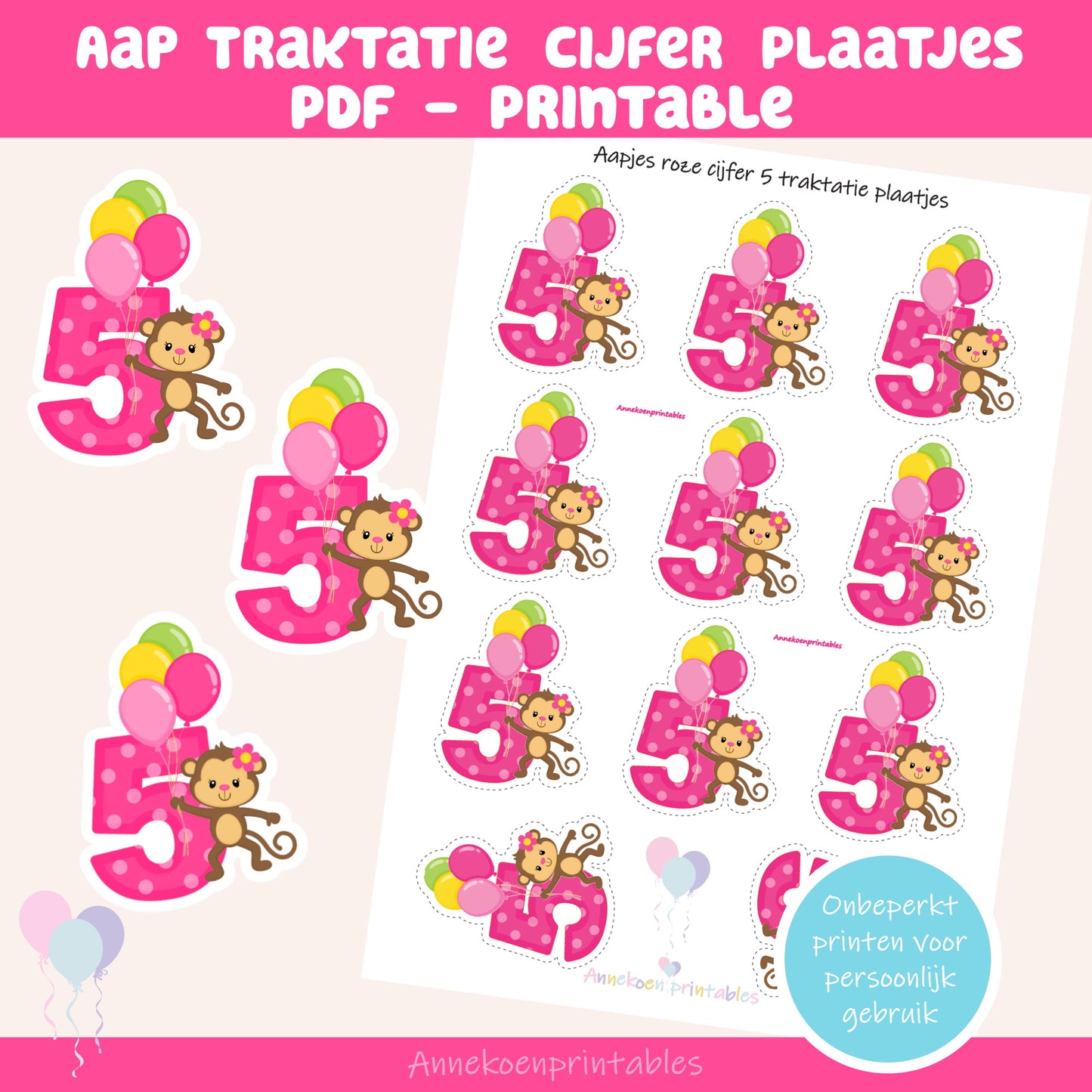 Aap cijfer 5 traktatie plaatjes roze