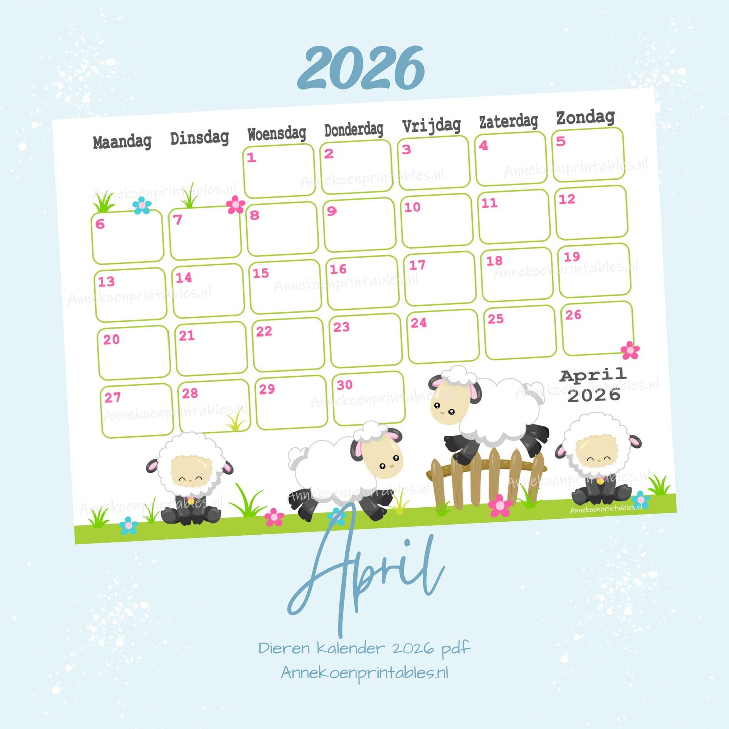 April kalender Schaapjes serie Dieren 2026