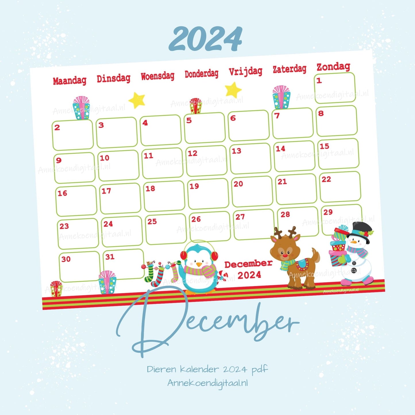 December 2024 maandkalender Kerst Dieren