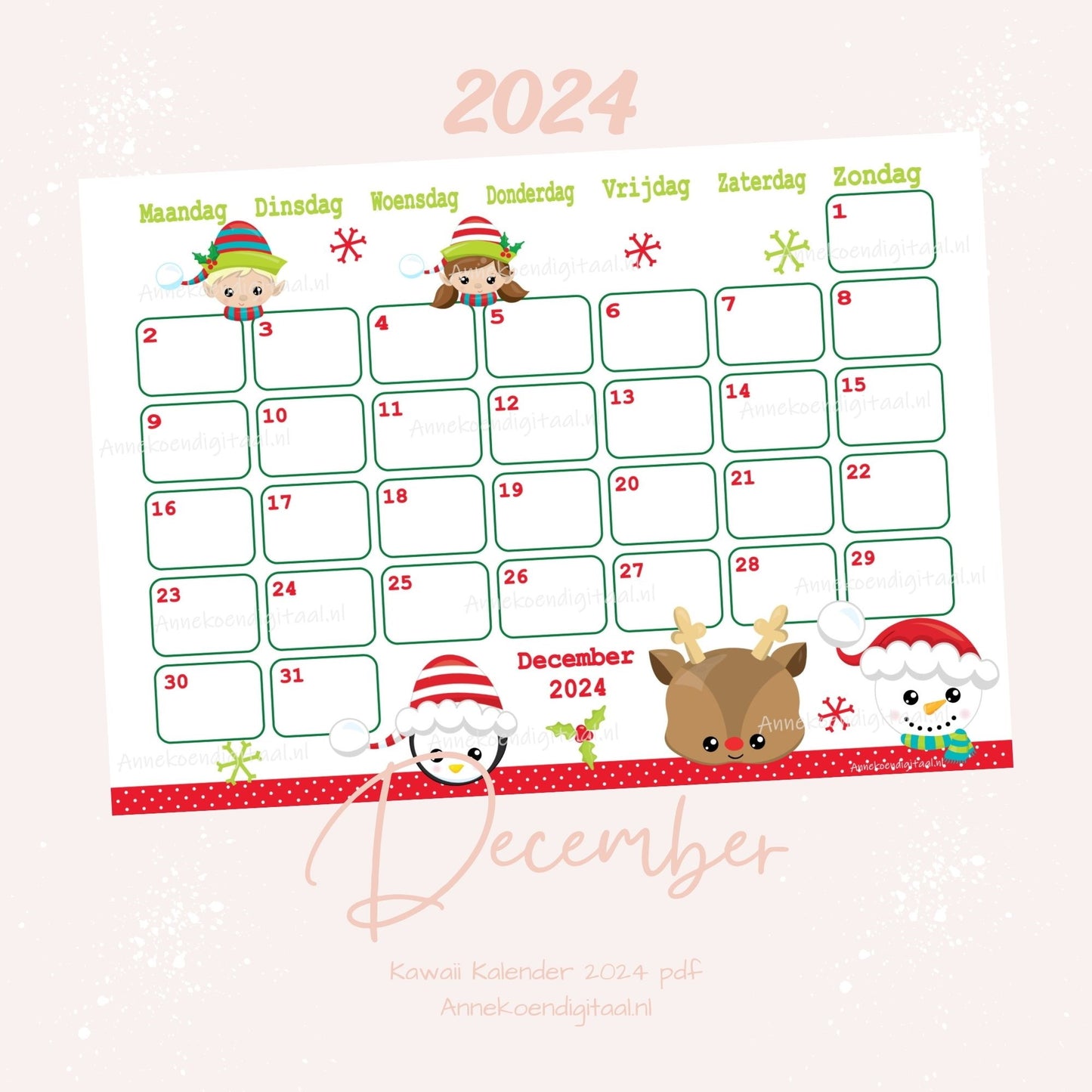 December 2024 maandkalender Kerst serie Kawaii
