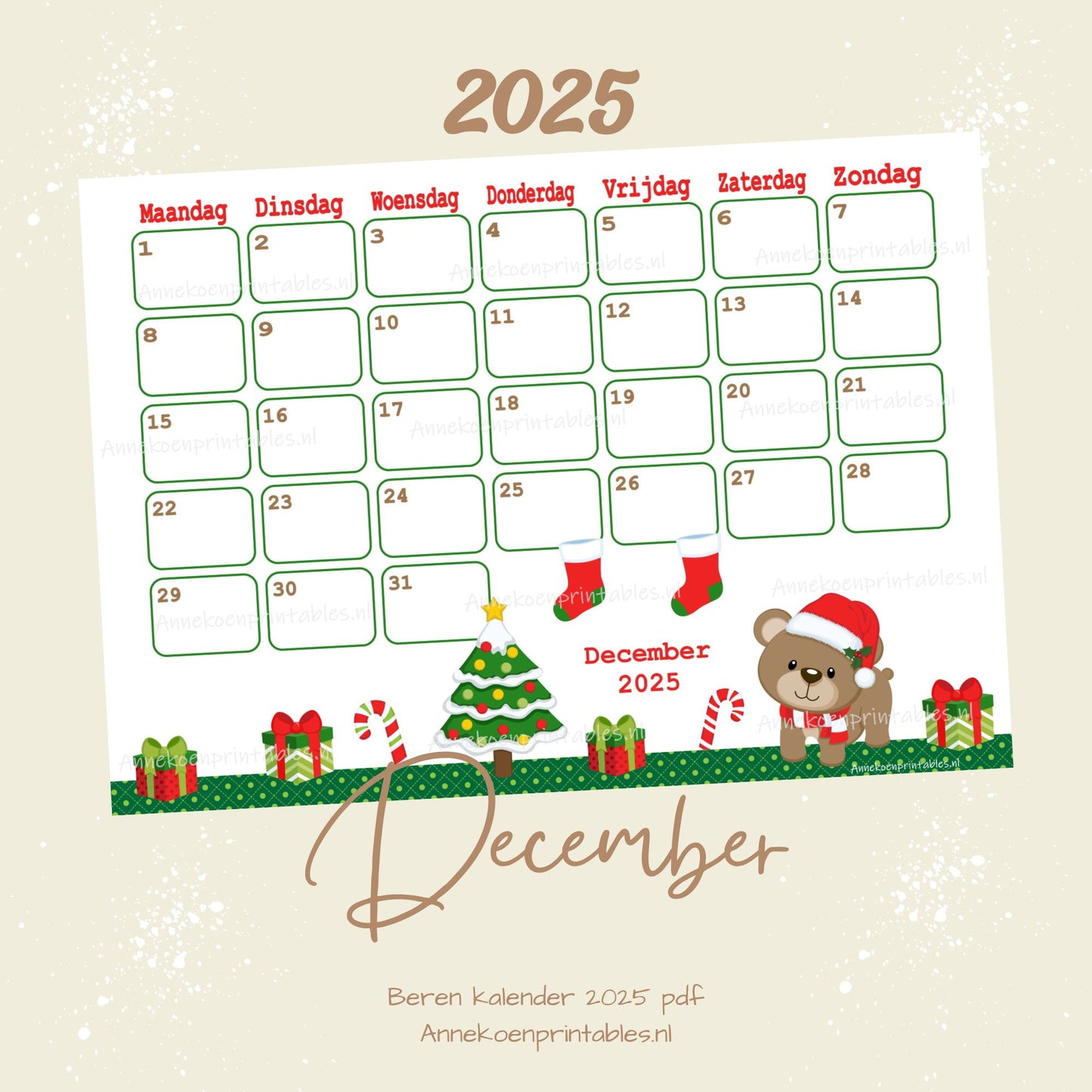 December 2025 maandkalender Kerst serie Beren
