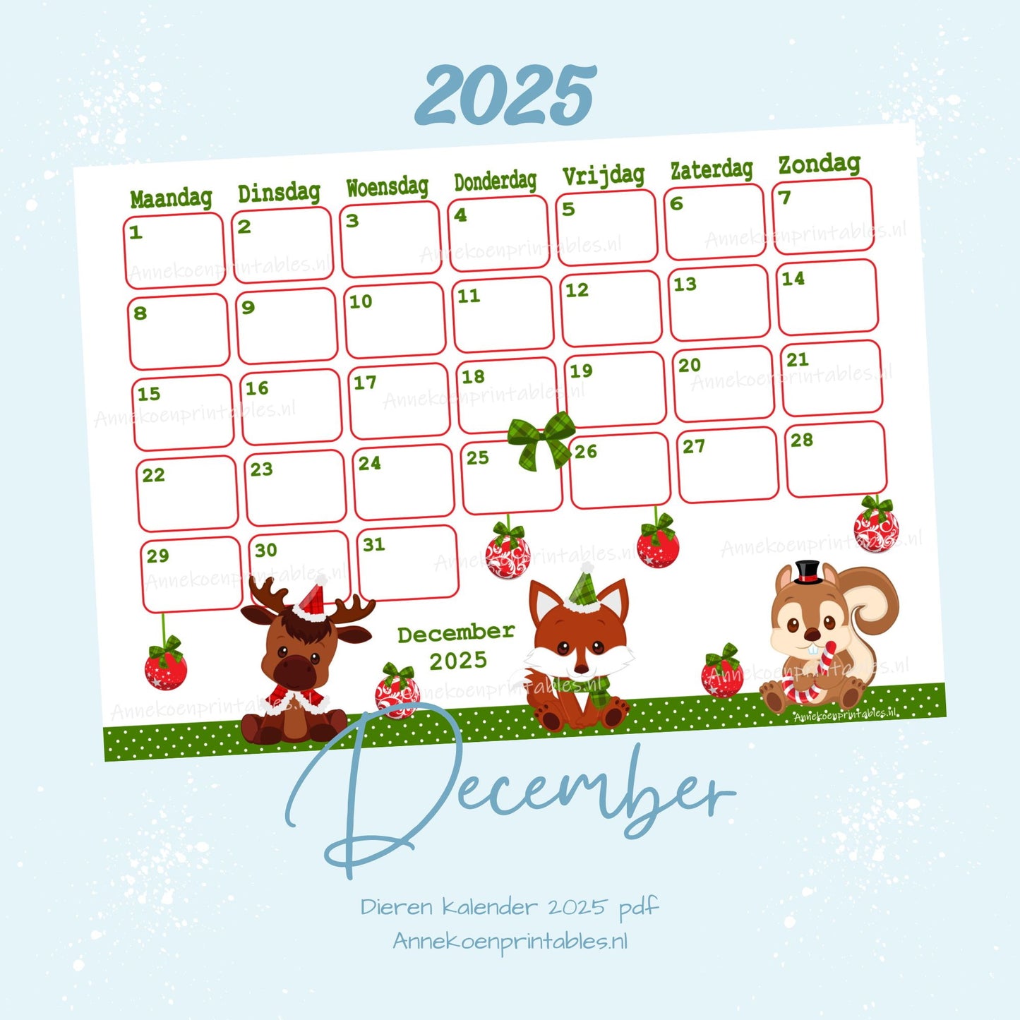 December 2025 maandkalender Kerst Woodland serie Dieren