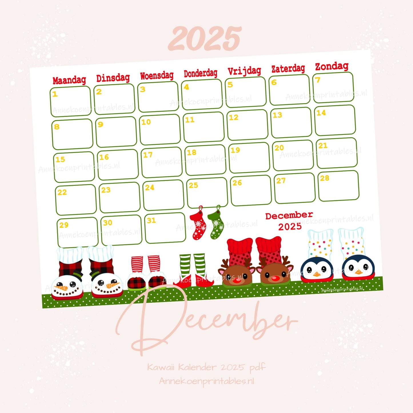 December 2025 maandkalender Kerst serie Kawaii