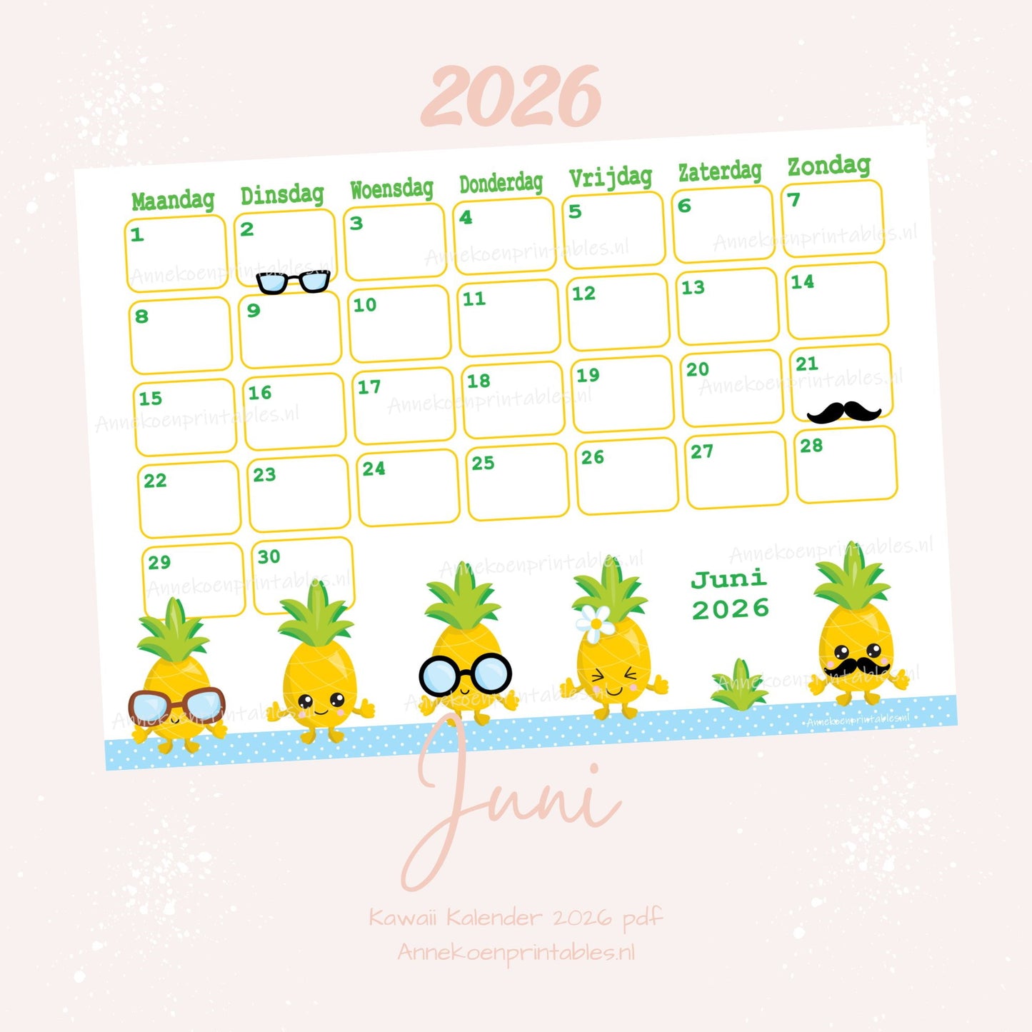 Juni kalender Ananas serie Kawaii 2026