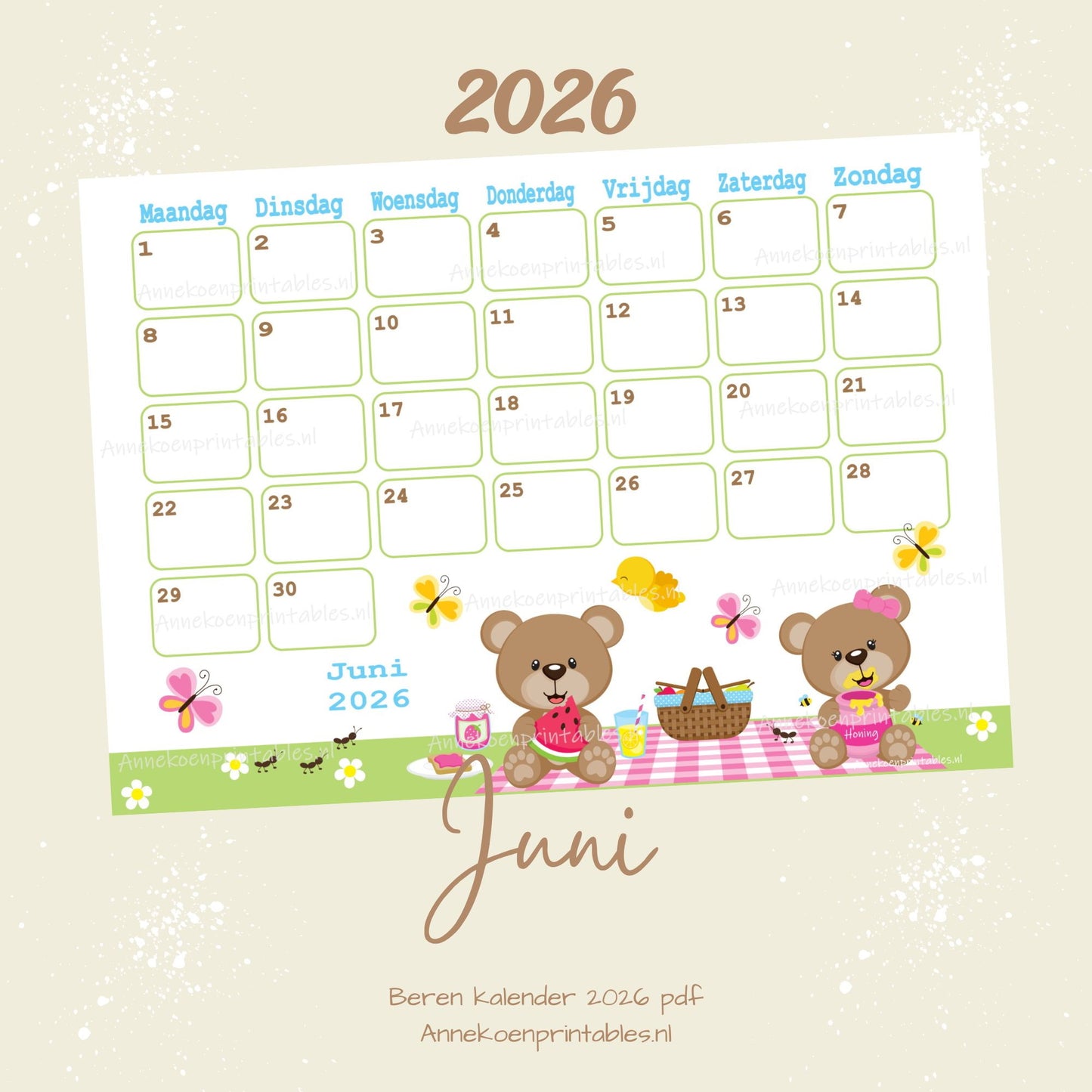 Juni kalender Picknicken serie Beren 2026