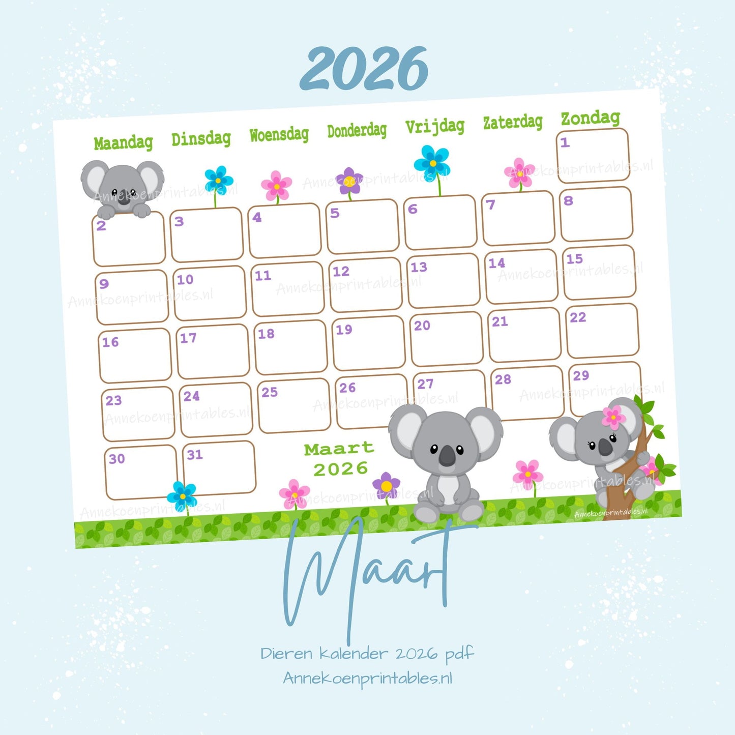 Maart kalender Koala serie Dieren 2026