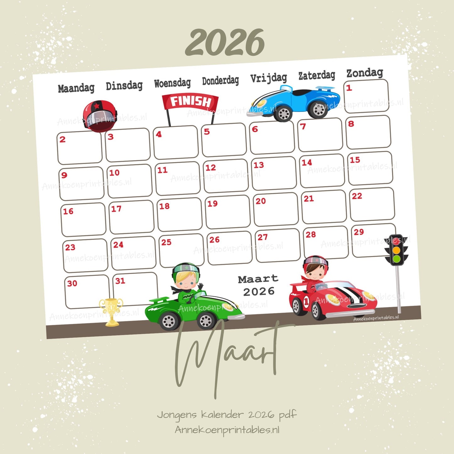 Maart kalender Racewagens serie Jongens 2025 - 2026