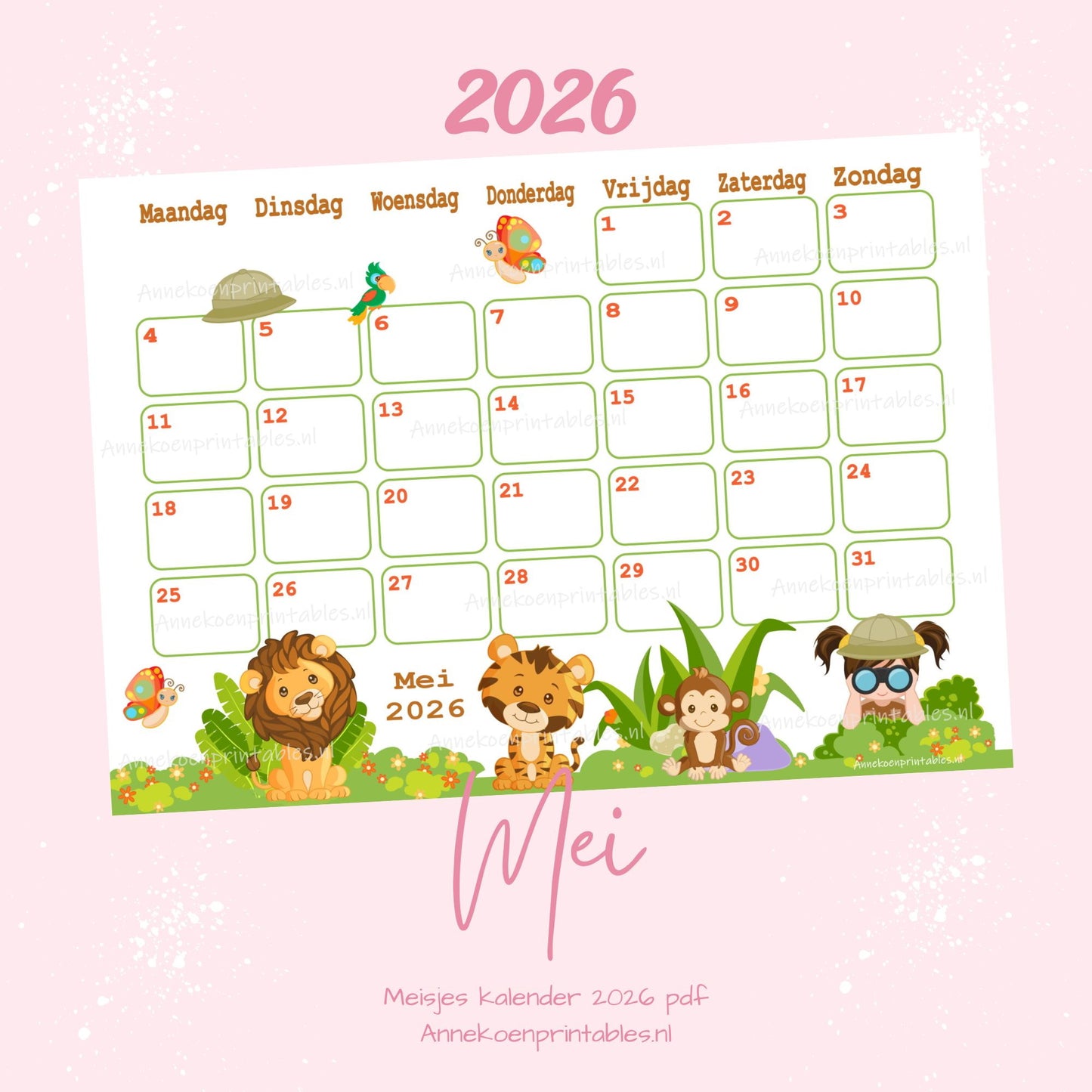 Mei kalender Safari serie Meisjes 2025 - 2026