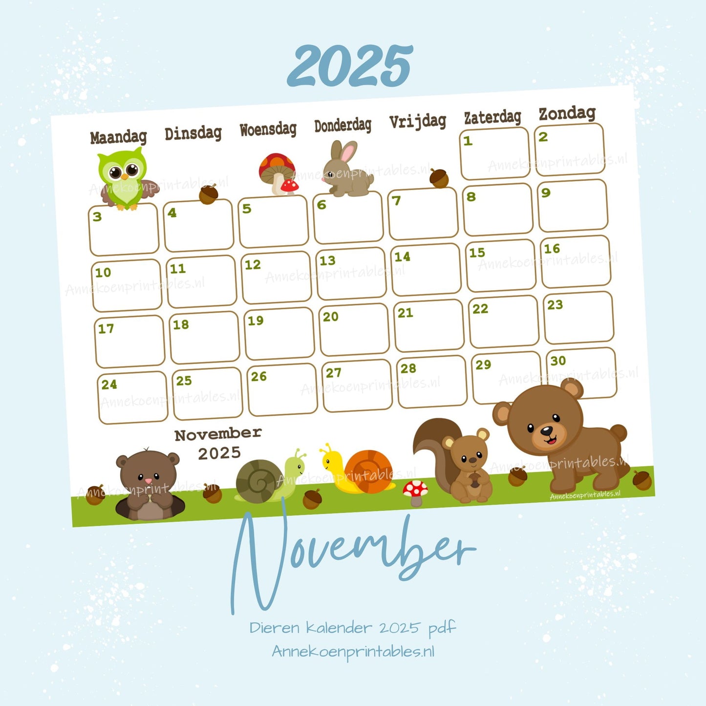 November 2025 maandkalender Bosdieren serie Dieren