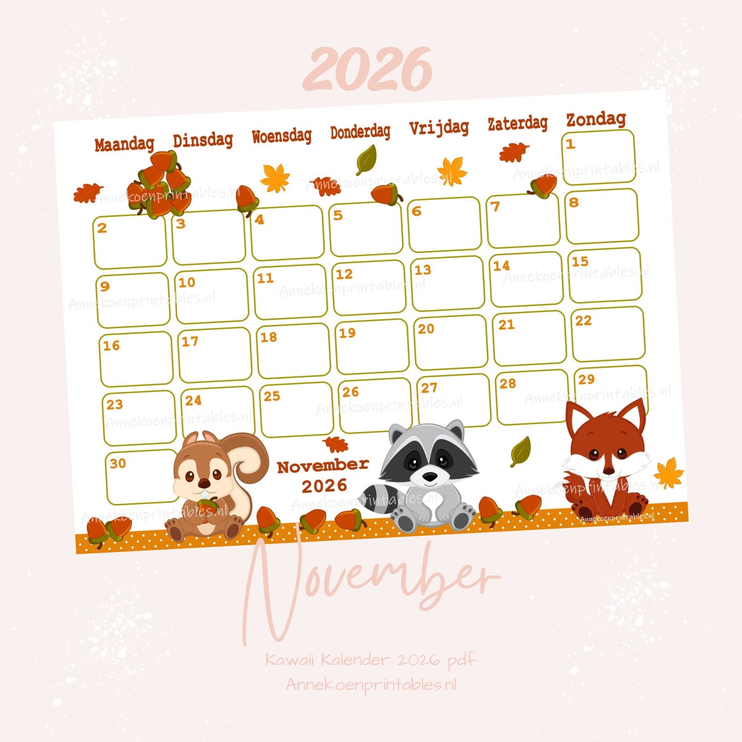 November kalender Bosdieren serie Kawaii 2026
