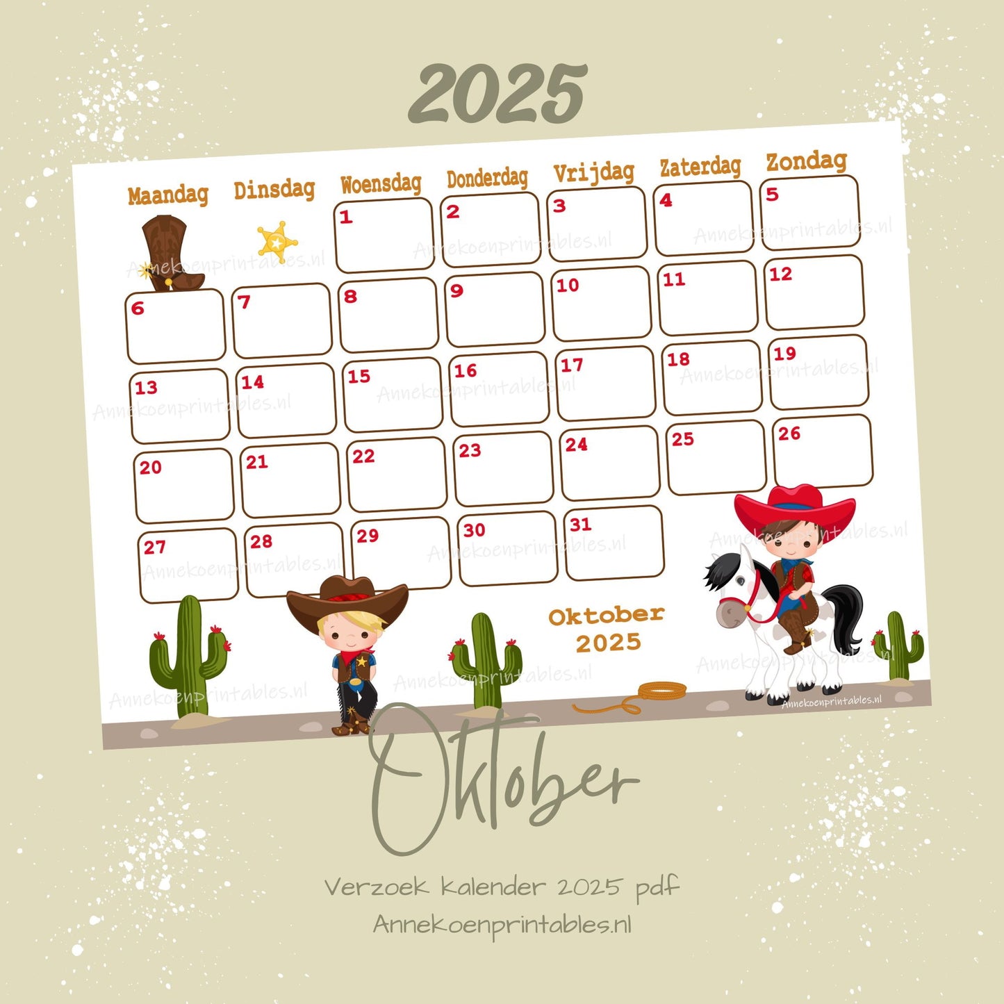 Oktober kalender Cowboys serie Verzoek 2025