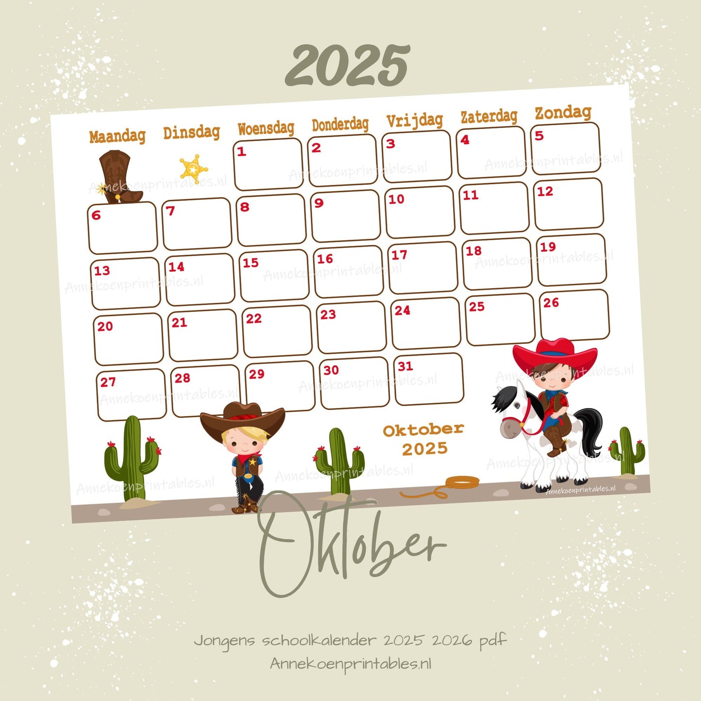 Oktober kalender Cowboys serie Jongens 2025 - 2026