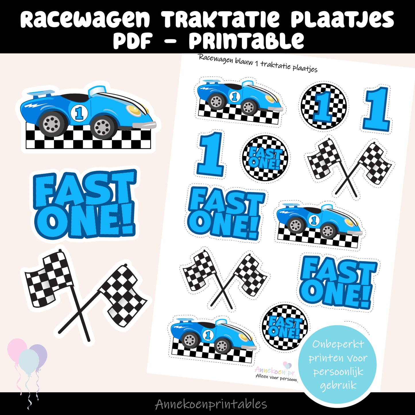 Racewagen traktatie plaatjes blauw cijfer 1