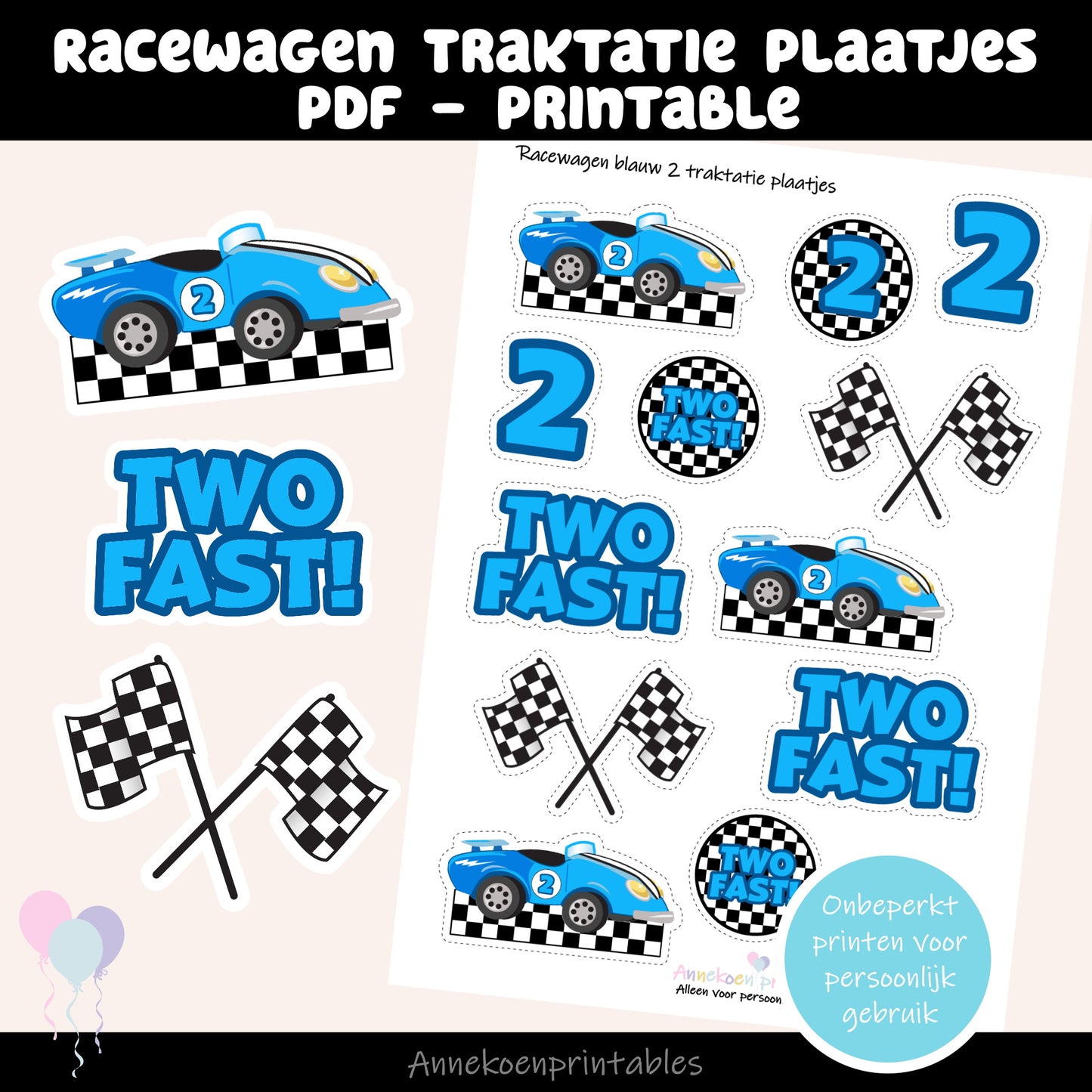 Racewagen traktatie plaatjes blauw cijfer 2