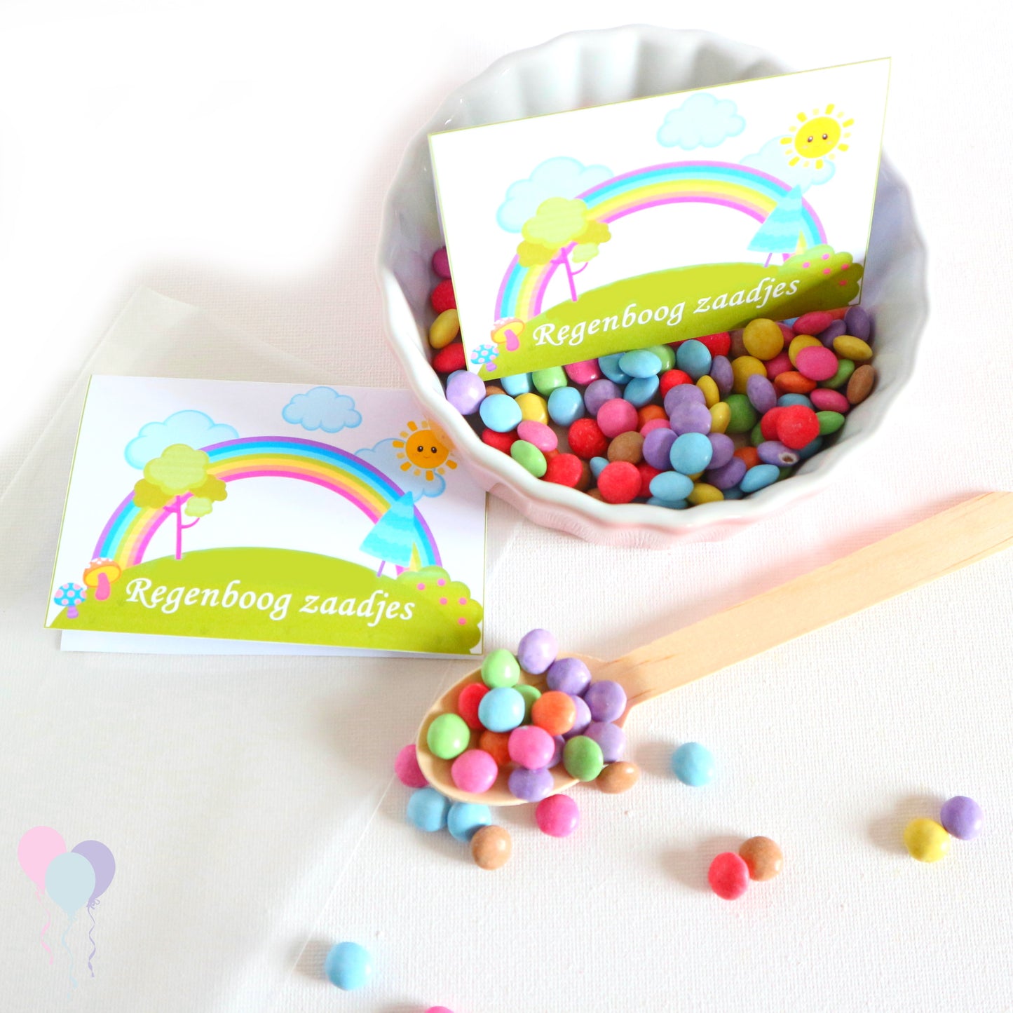 Regenboog zaadjes traktatie zakje label