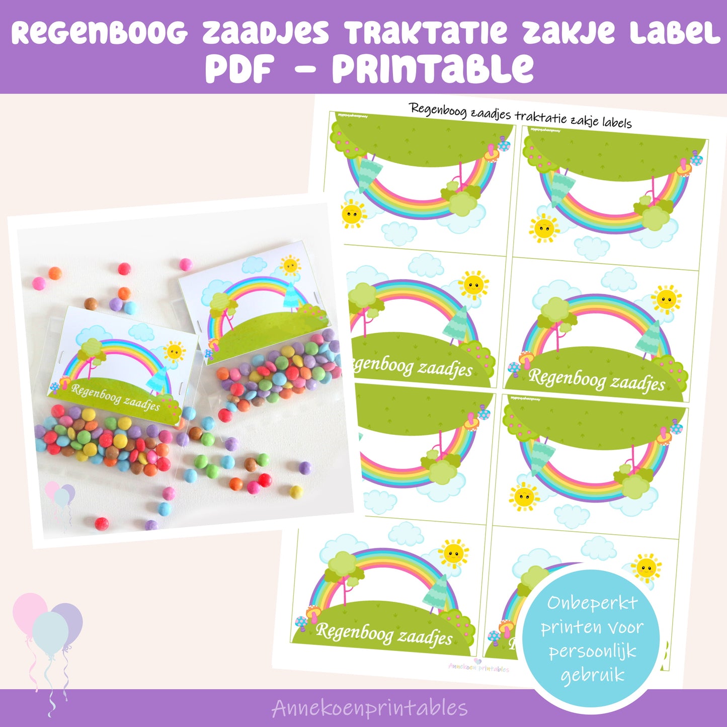 Regenboog zaadjes traktatie zakje label