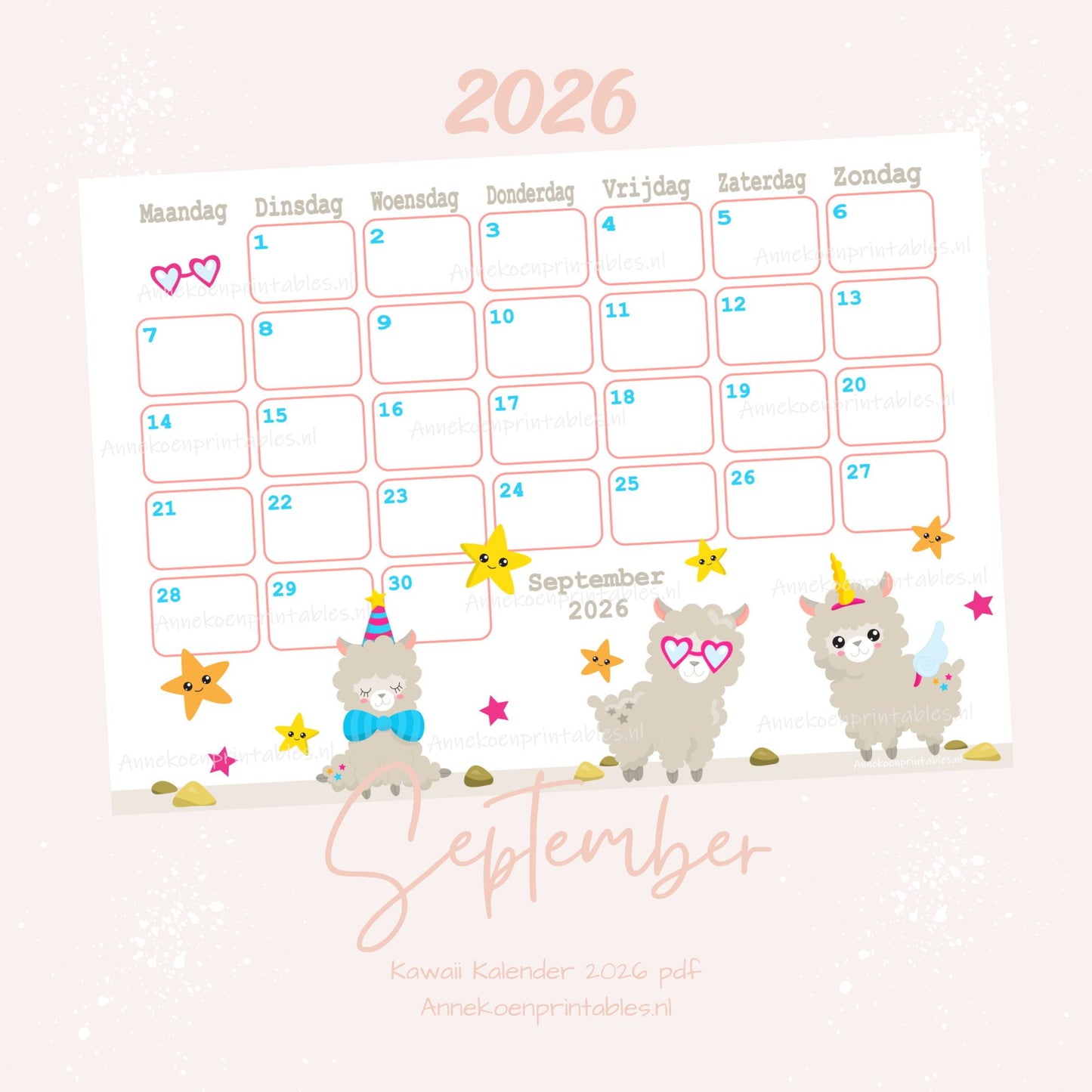 September kalender Lama serie Kawaii 2026