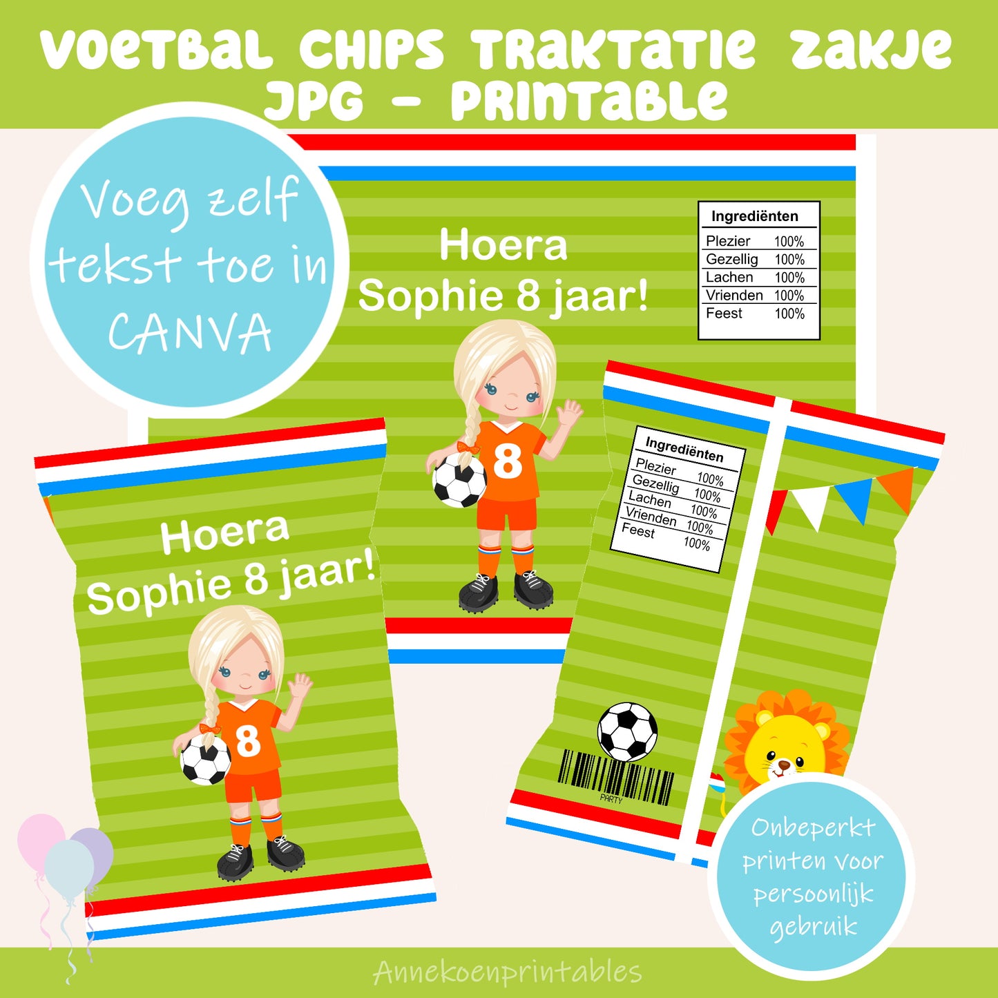 Voetbal chips traktatie zakje meisje blond haar