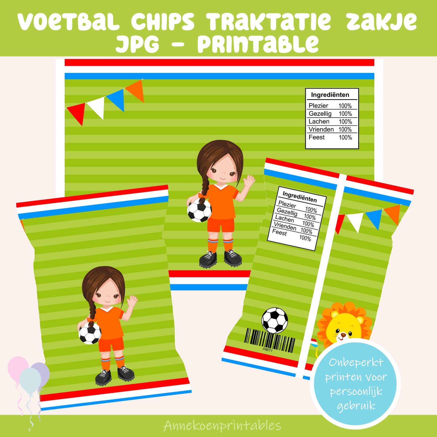 Voetbal chips traktatie zakje meisje bruin haar