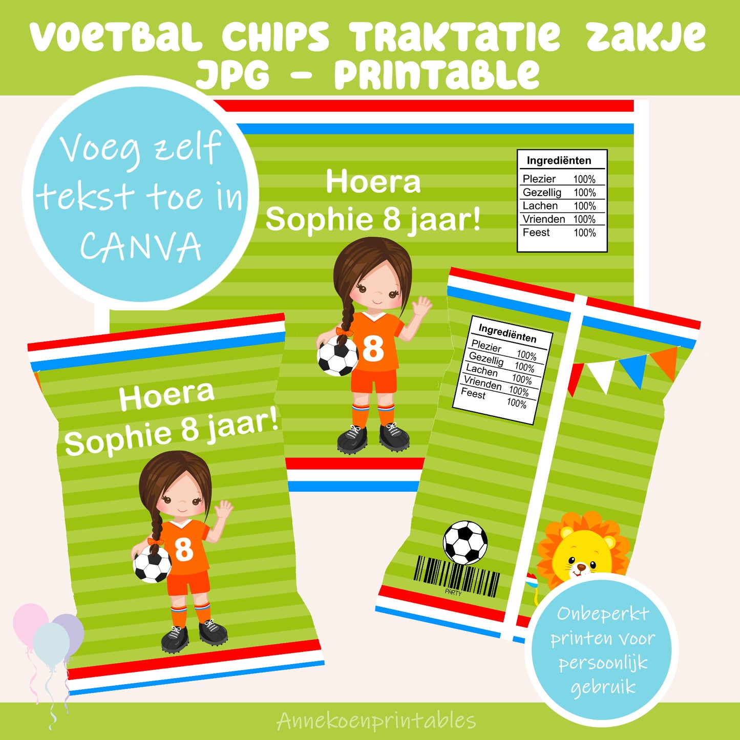 Voetbal chips traktatie zakje meisje bruin haar