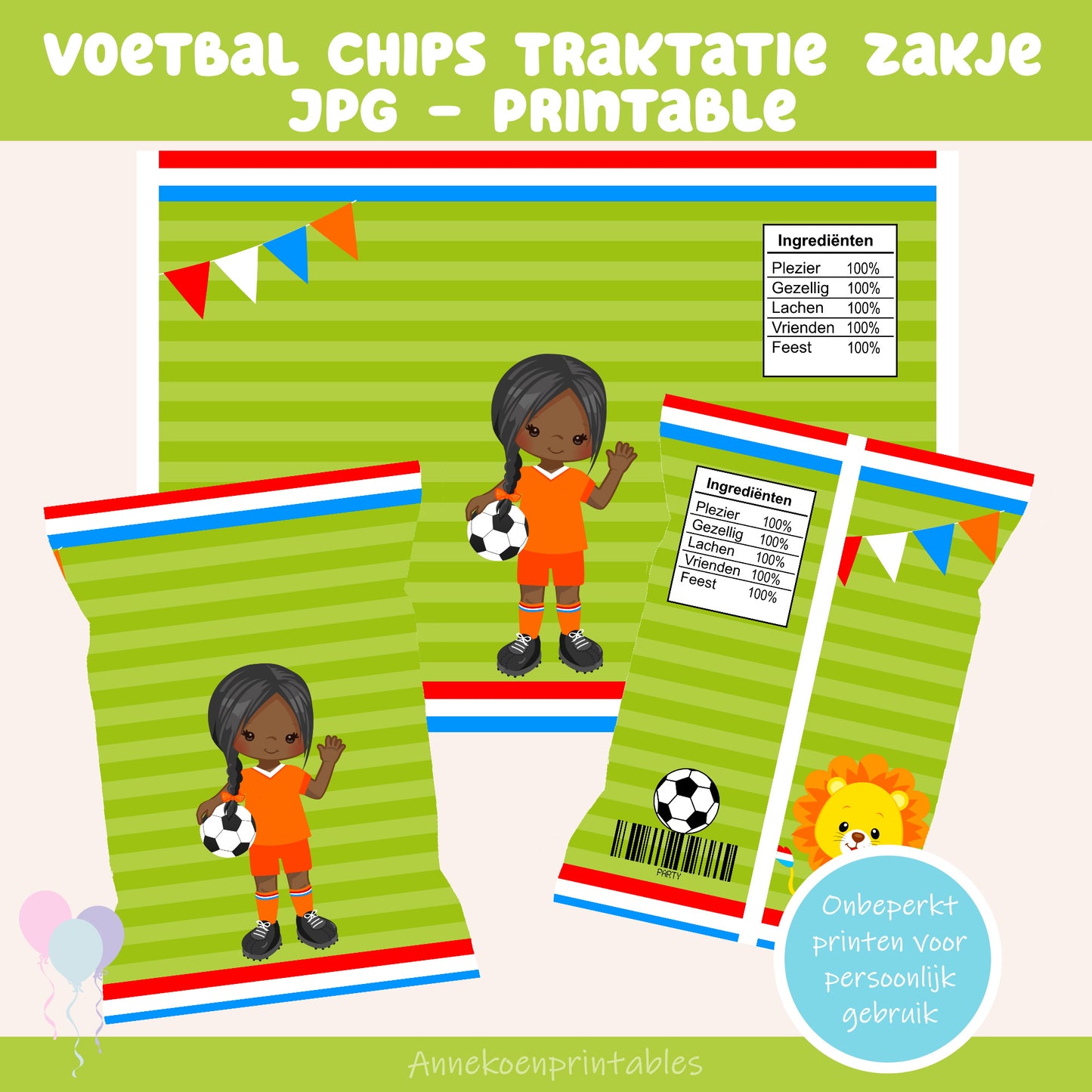 Voetbal chips traktatie zakje meisje getinte huidskleur