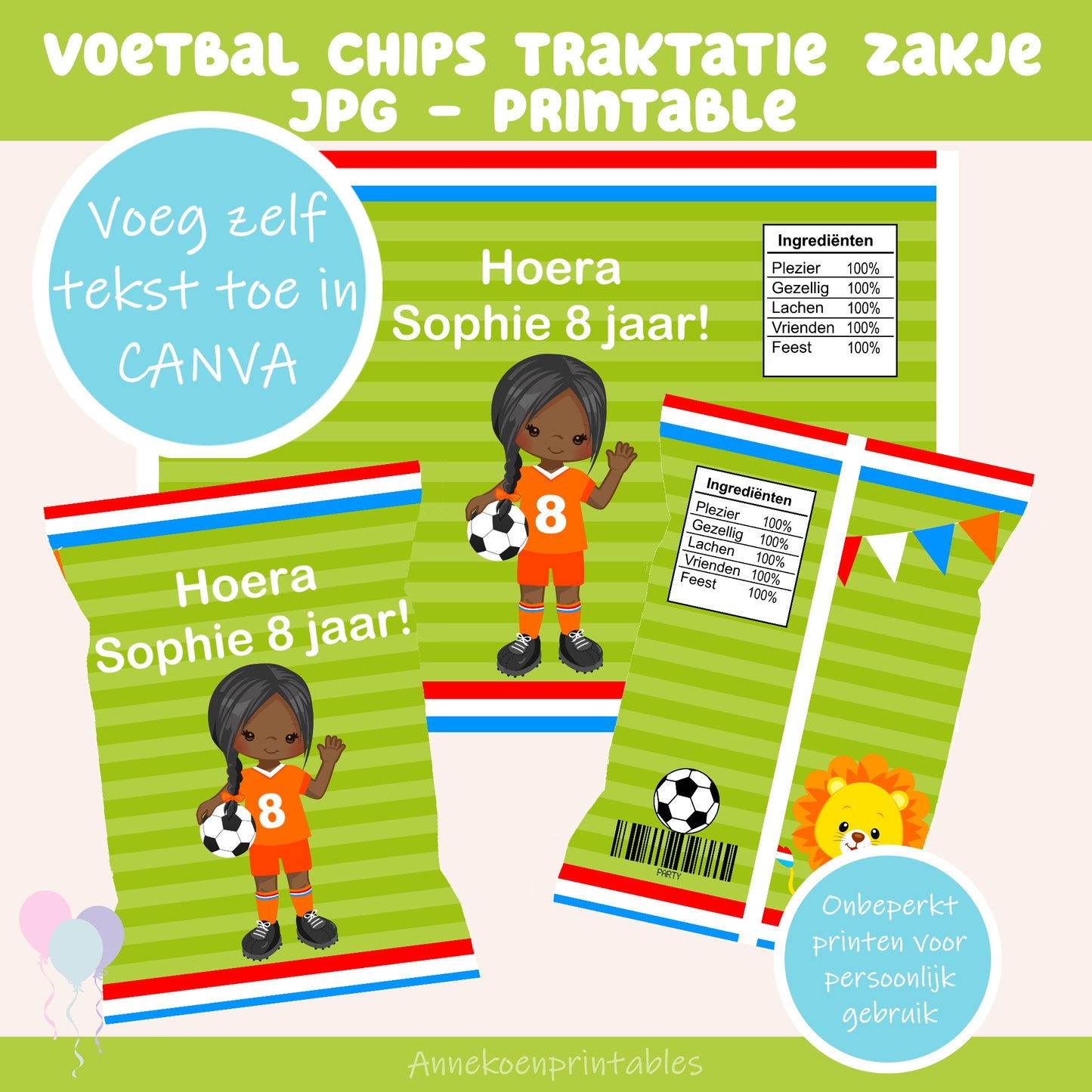 Voetbal chips traktatie zakje meisje getinte huidskleur