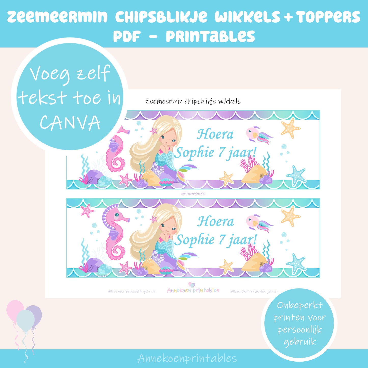 Zeemeermin chipsblikje wikkels en toppers blond haar