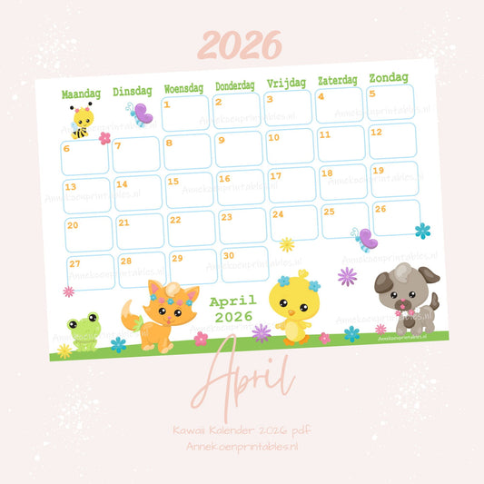 April kalender Lente serie Kawaii 2026