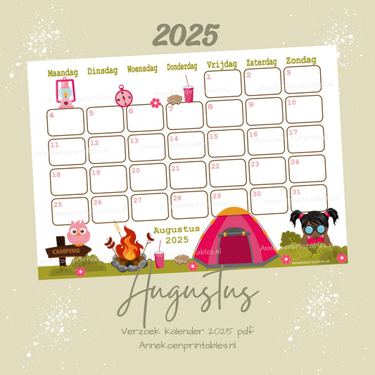 Augustus kalender Camping meisjes serie Verzoek 2025