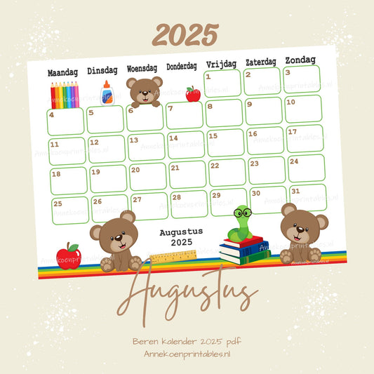 Augustus 2025 maandkalender School serie Beren