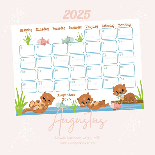 Augustus 2025 maandkalender Otters serie Kawaii