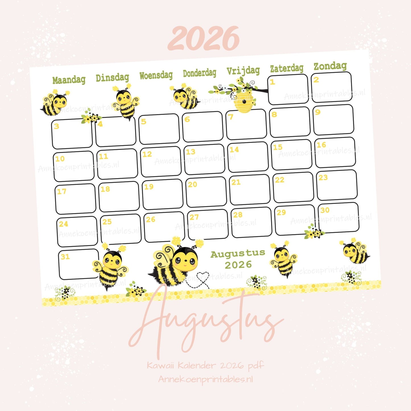 Augustus kalender Bijtjes serie Kawaii 2026