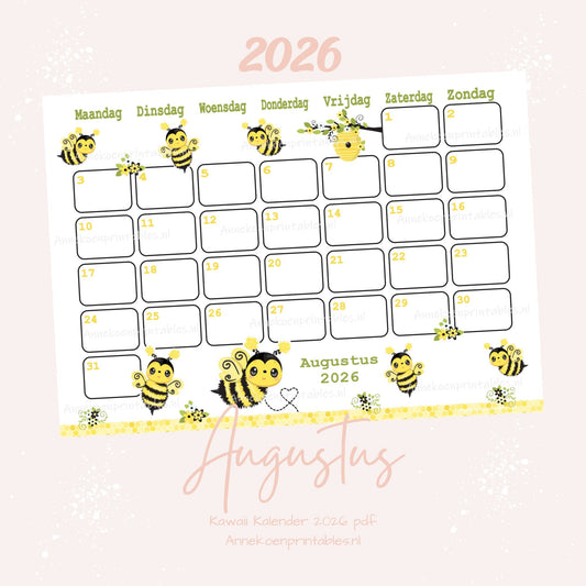 Augustus kalender Bijtjes serie Kawaii 2026