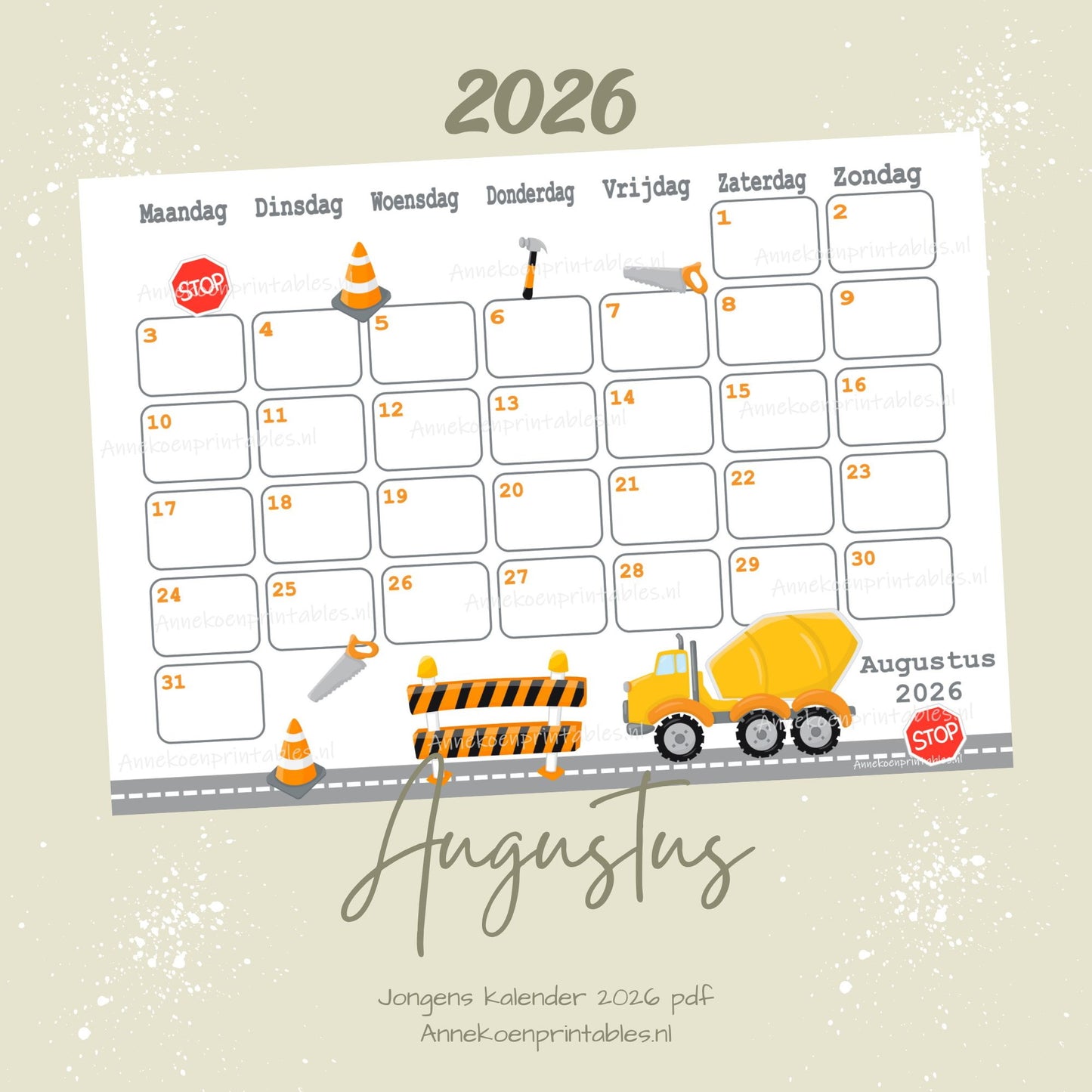 Augustus kalender Werk in uitvoering serie Jongens 2026