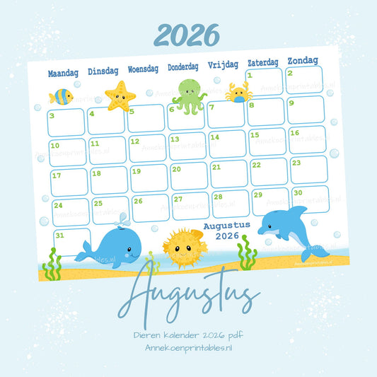 Augustus kalender Dolfijn serie Dieren 2026