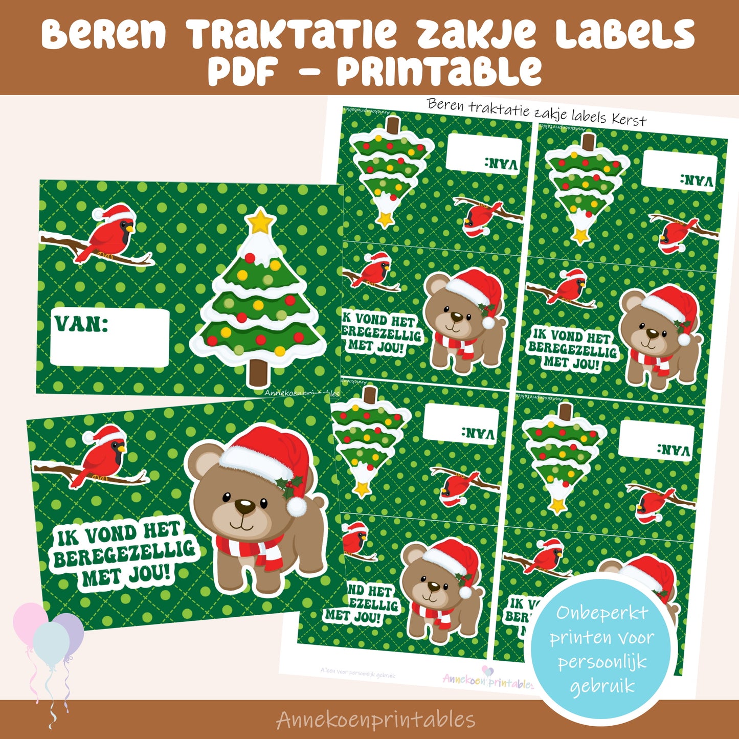 Beren traktatie zakje label Kerst