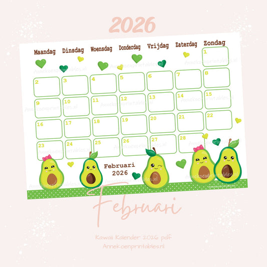 Februari kalender Avocado serie Kawaii 2026