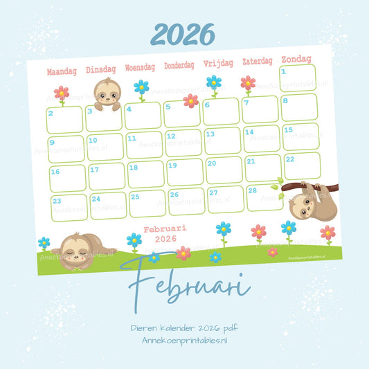 Februari kalender Luiaards serie Dieren 2026