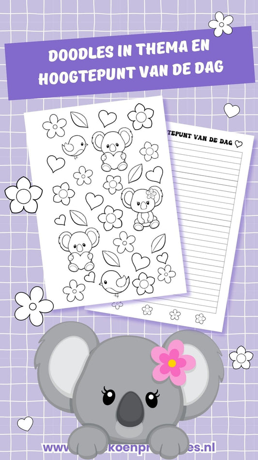 Februari journal printable met vdoodles en hoogtepunt van de dag. Op één A4-pagina staan twee A5-pagina’s. Digitaal PDF-bestand om zelf te printen, geschikt voor gebruik in een maandelijkse journal