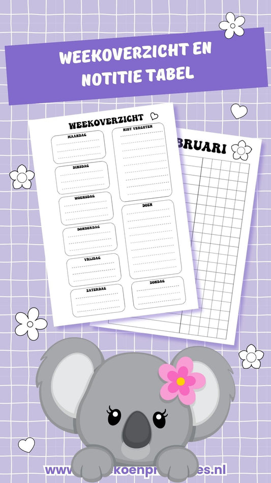 Februari Journal weekoverzicht en Notitie tabel