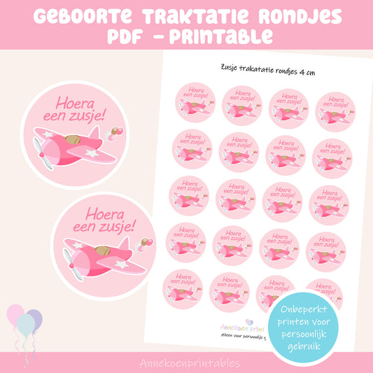 Zusje traktatie rondjes roze vliegtuig 4 cm