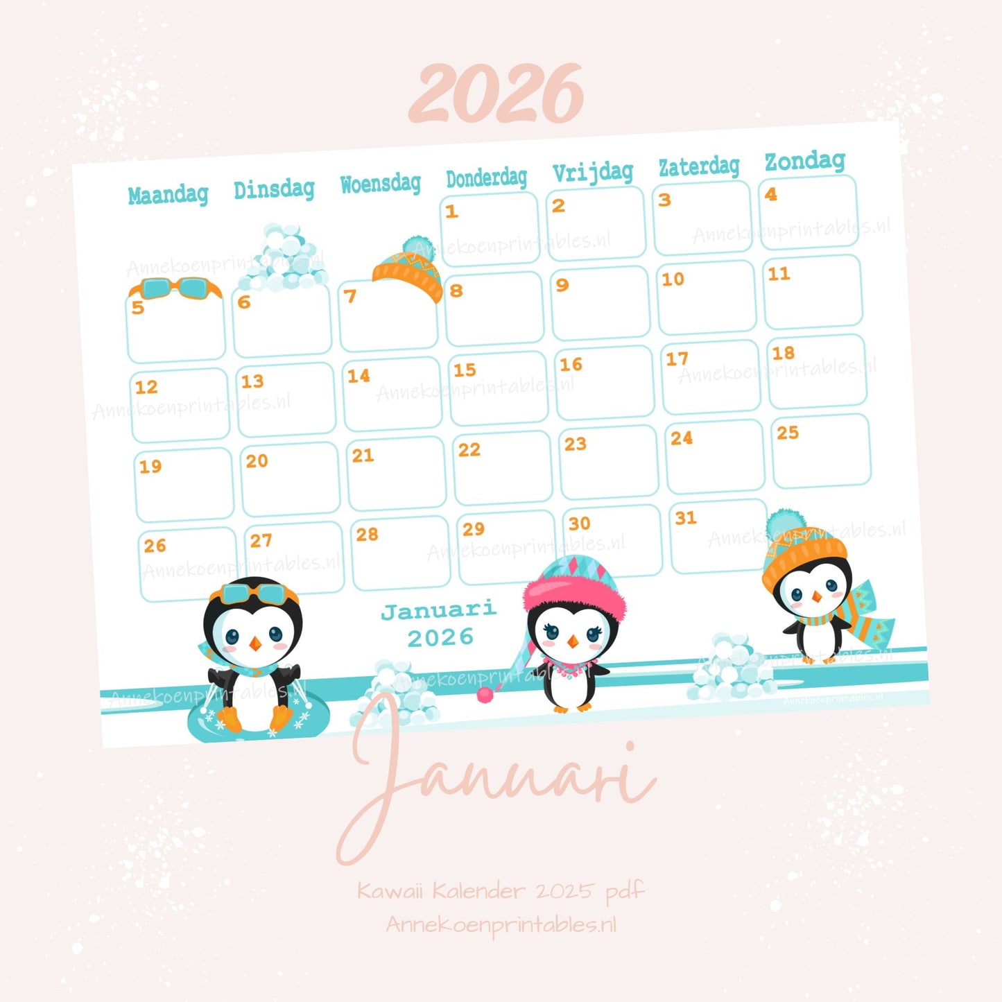 Januari kalender Pinguins serie Kawaii 2026