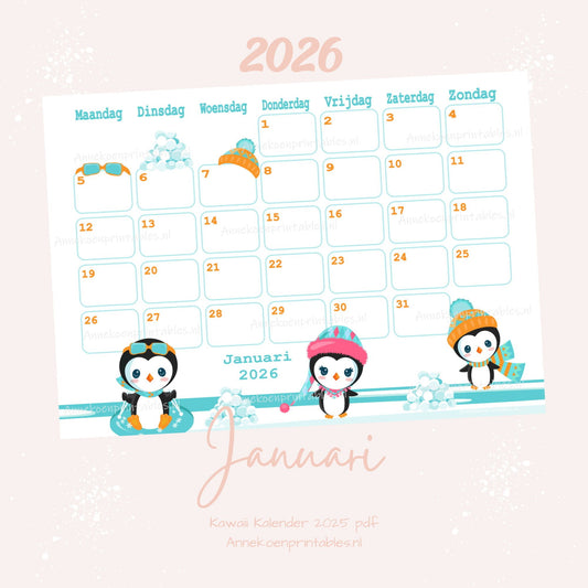 Januari kalender Pinguins serie Kawaii 2026