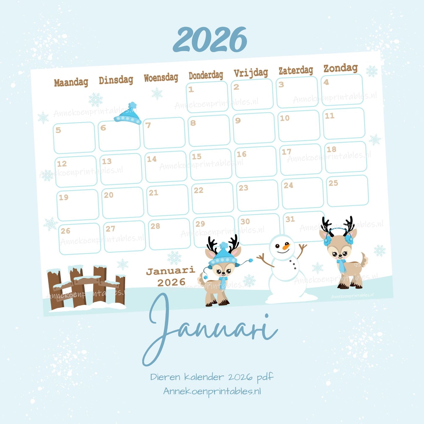 Januari kalender Rendieren winter serie Dieren 2026