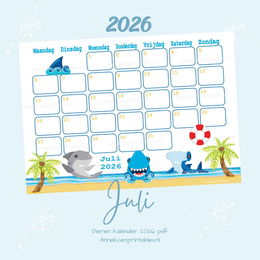 Juli kalender Haaien serie Dieren 2026