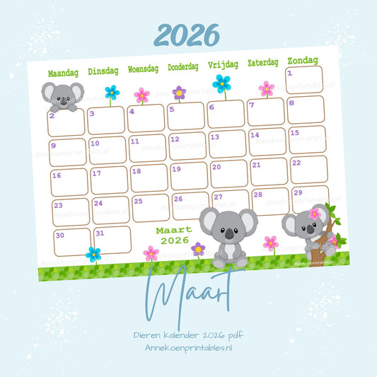 Maart kalender Koala serie Dieren 2026