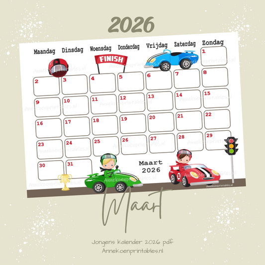 Maart kalender Racewagens serie Jongens 2026
