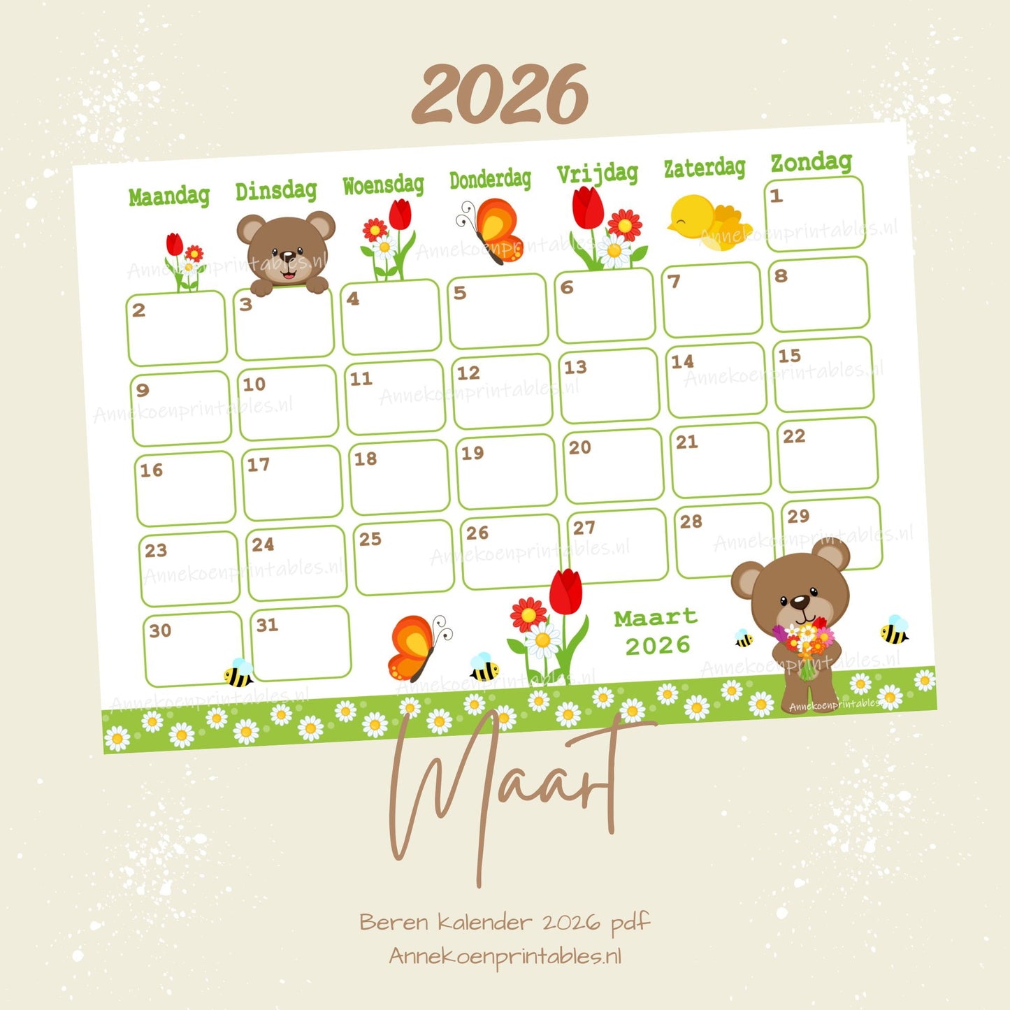 Maart kalender Lente serie Beren 2026